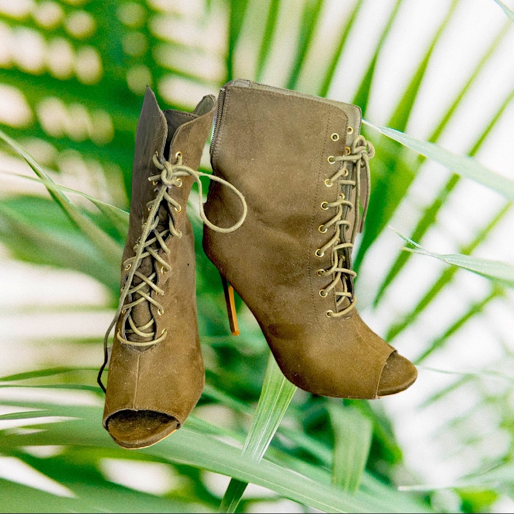 Olive green peep-toe booties